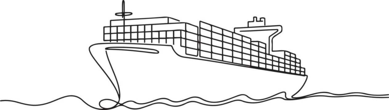 Cargo Ship with Containers. Continuous One Line Drawing Illustrating International Transport and Global Trade Concepts. one line Art icon drawing
