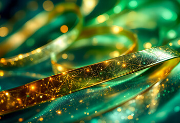 Golden ribbons with intricate patterns shimmer with glowing lights against a vibrant green background creating a festive and magical atmosphere with sparkling bokeh effects