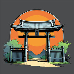 Vector image of a traditional Japanese gate in an image with attractive colors