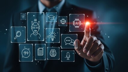 Person in business attire interacting with a digital interface displaying various icons and data visualization elements