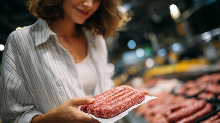 Close-up of a woman reading the label on a sausage package, angled rows of meat links in the cooler display, bright supermarket lighting, conscious food purchasing theme