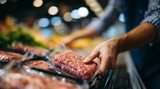 Side view close-up of a customer selecting ground sausage from a refrigerated shelf, packaged meat products stacked neatly, modern grocery store meat department