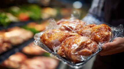 Detail shot of vacuum-sealed chicken pieces in shopper&acirc;s hands, plastic wrap reflecting light, chilled poultry shelf blurred behind, fresh meat retail concept