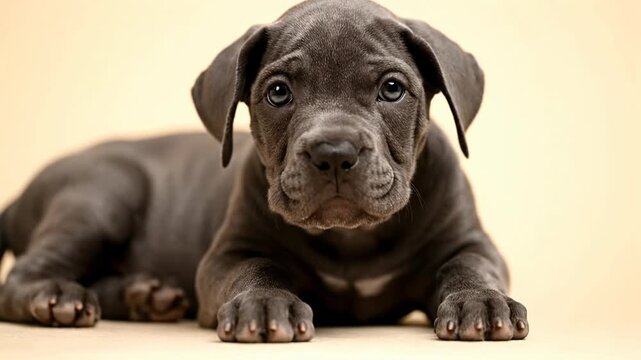 A cute cane corso puppy dog pet lying down on a beige floor with a soft focus background