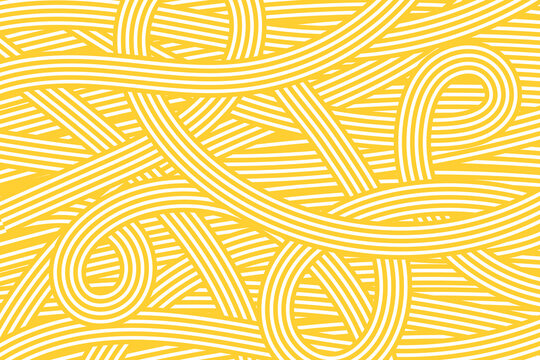 Abstract pasta pattern with flowing yellow spaghetti lines creating dynamic food texture. Modern Italian noodle background design for culinary menus and restaurant graphics.