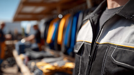 Angled macro shot of workwear fabric and seams, reinforced stitching and durable textile material, safety jackets and coats hanging behind, quality and durability concept