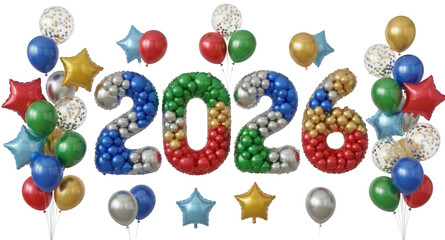 Colorful 2026 balloon numbers with festive balloons and stars on transparent background new year celebration