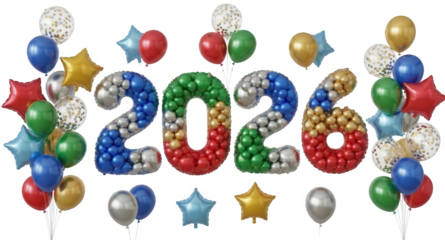 Colorful 2026 balloon numbers with festive balloons and stars on transparent background new year celebration