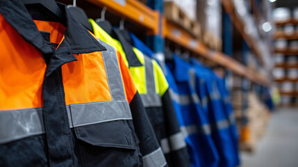 Side view of a rack with work coats and jackets, bright orange, neon yellow, and blue uniforms, reflective stripes aligned, workplace safety clothing store concept
