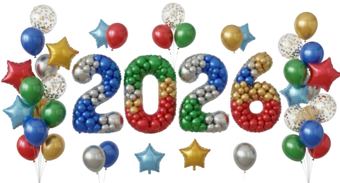 Colorful 2026 balloon numbers with festive balloons and stars on transparent background new year celebration - Powered by Adobe