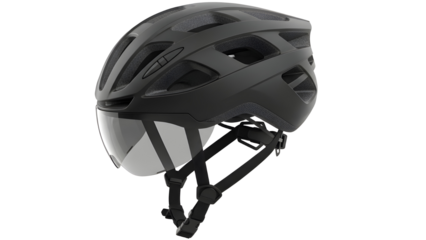 Isolated Black Matte Cycling Helmet with Smoke Visor and Adjustable Strap Product Shot