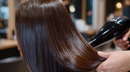 Fototapeta premium Wide close-up of a womanâs straight shiny brown hair finishing blow-drying, stylistâs hands adjusting hair and dryer, strands smooth and reflective under salon lights, premium hair