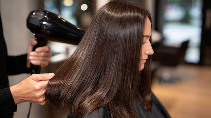 Fototapeta premium Wide close-up of a womanâs straight shiny brown hair finishing blow-drying, stylistâs hands adjusting hair and dryer, strands smooth and reflective under salon lights, premium hair