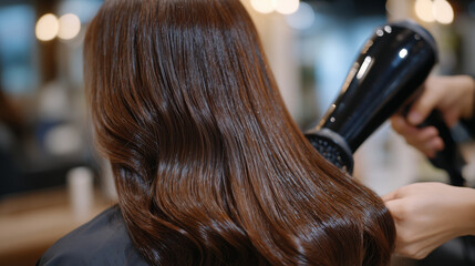 Fototapeta premium Angled close-up of long brown hair being dried with an electric dryer, hair smoothly cascading over shoulders, stylistâs brush creating a polished finish, salon glamour shot