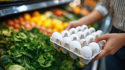 Side-angle close-up of a customer selecting eggs from a refrigerated display, hands lifting a carton, neatly arranged eggs on shelves, grocery shopping for organic produce