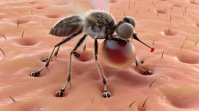Mosquito feeding on skin, showing its proboscis in action and drawing blood during a warm evening