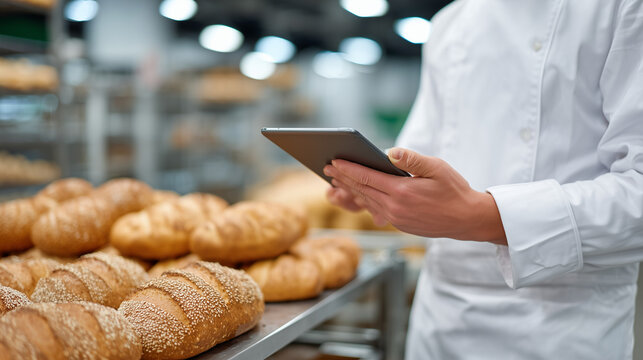 Close-up of a bakerâs hands holding tablet, digital interface visible, background showing bread loaves on trays, clean white uniform and hygiene-focused bakery environment - Powered by Adobe