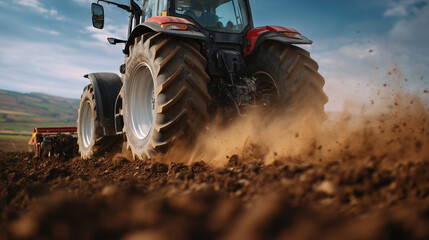 Low-angle close-up of heavy tractor tires crushing soil, plow blades partially visible, dust and soil in motion, professional farming machinery concept