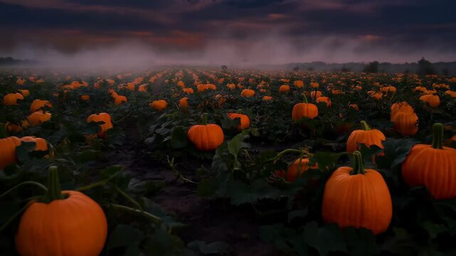 Pumpkin field at sunset with orange pumpkins on vines and fog in the background