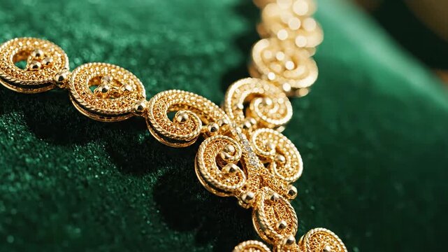 A delicate gold filigree necklace displayed on green velvet