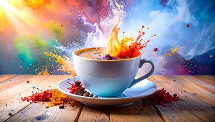 A cinemagraph (living photograph) of a steaming cup of artisan coffee on a rustic wood table