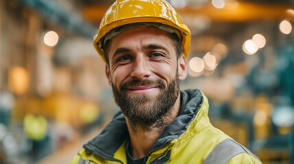 Portrait of a smiling bearded industrial worker wearing a bright yellow protective hard hat and safety vest inside a large factory environment