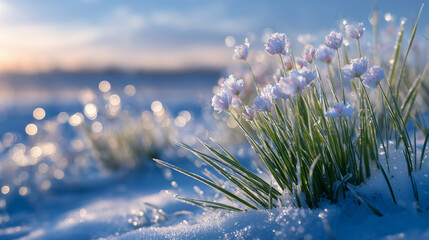 Extreme close-up of wheat tips breaking through frozen snow, fine frost glistening on plant surface, soft diffuse sunlight creating a peaceful winter farmland atmosphere