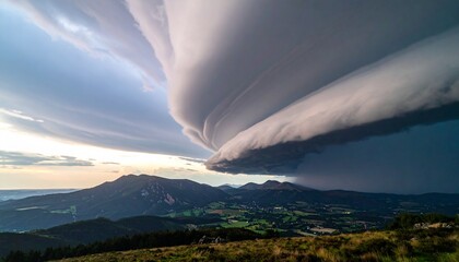 storm clouds rotating slowly above a silent valley, monumental calm