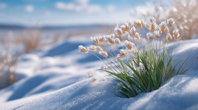 Close-up of wheat sprouts emerging from fresh snow, delicate golden tips contrasting with pristine white snow, soft winter sunlight illuminating the frozen field - Powered by Adobe