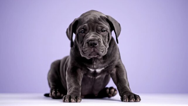 A cane corso puppy dog pet lies on a white surface against a soft lavender background
