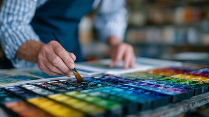Obraz premium Macro shot of color guide samples arranged on a table, hands pointing to selected swatches over printed sketches, vibrant paint and ink colors, professional art direction setup