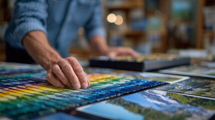 Obraz premium Close-up of colorful paint and design swatches, spread across a table with graphic project layouts, personâs hand gently picking a sample, studio light reflecting off glossy prints