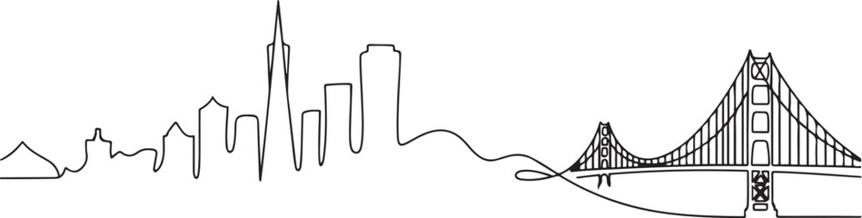 Obraz premium Continuous line drawing of San Francisco city skyline, USA. A stylish, editable stroke design for tourism posters. one line Art icon drawing