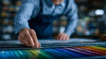 Angled close-up of vibrant color swatches, sketch plan beneath, person pointing to chosen shade, art direction and printing office environment, workspace creativity highlighted