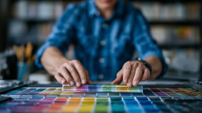Close-up of person holding multiple color samples over print layout, focus on hand and swatches, blurred background of design studio tools, creative workspace banner concept