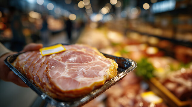 Macro shot of packaged sliced ham being lifted by shopper, visible product label and clear vacuum packaging, supermarket meat aisle softly blurred in background, fresh food purchas