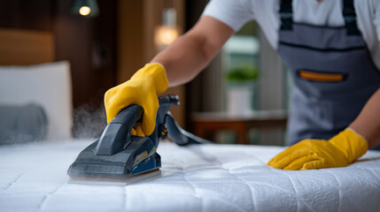 Close-up of hands in gloves pressing mattress cleaning extractor, white surface appearing sanitized, subtle steam haze, professional cleaning in modern bedroom