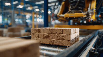 Wide close-up of bricks lined up on automated belt, robotic mechanisms lifting and arranging them, factory background blurred, modern building material manufacturing