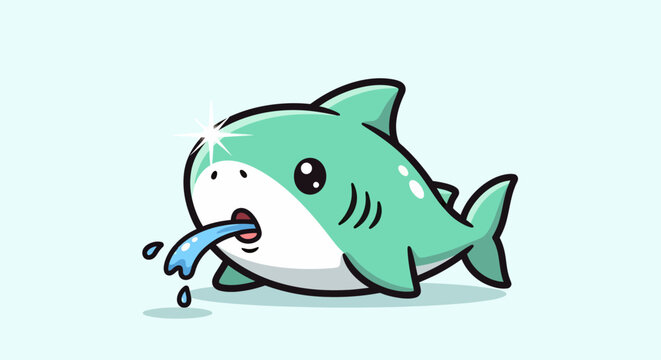 Cute cartoon shark spitting water with happy expression.