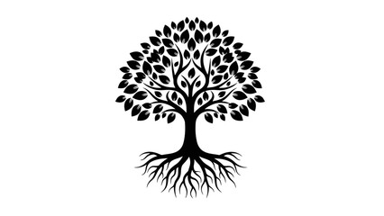 Detailed Black Tree of Life Symbol with Roots and Abundant Leaves, Isolated White Background
