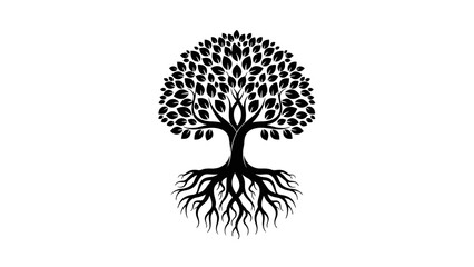 Obraz premium Majestic Tree with Deep Roots Silhouette Isolated White Background, Nature and Stability Symbol