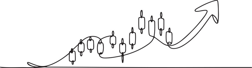 Fototapeta premium Stock Market Arrow with Candle Sticks continuous line drawing. Finance, business, and banking concept. one line Art icon drawing
