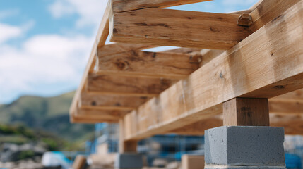 Overhead angled close-up of wooden roof structure, blocks stacked beneath, cloudy sky in soft focus background, unfinished construction, geometric and architectural composition
