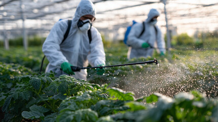 Side-profile of workers moving through greenhouse, spraying crops row by row, sunlight creating warm reflections on protective suits, green foliage vivid and fresh