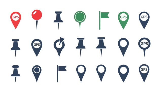 Collection of colorful location pins and map markers in various styles