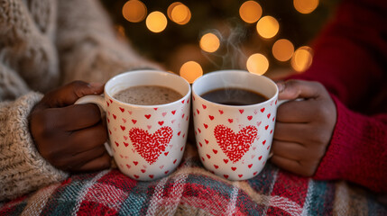 Close-up of couple holding matching mugs with heart prints, warm coffee steam rising, cozy indoor Valentineâs scene
