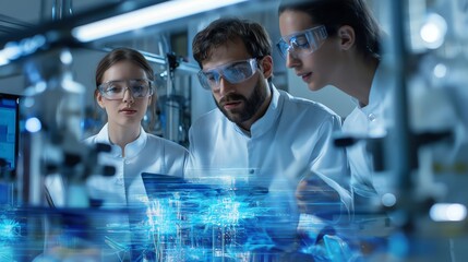 team of scientists examining holographic quantum molecular network