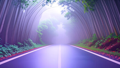 A dramatic, low-angle view of a wet asphalt road cutting through a dense, lush green