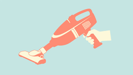 Illustration of a hand holding a handheld vacuum cleaner on a blue background.