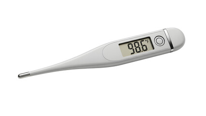 White Digital Thermometer Product Shot showing 98.6&deg;F isolated on white background